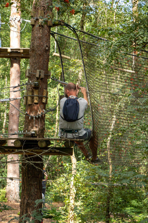 Person participating in a treetop rope course at Recreatiepark de Paalberg, Gelderland, Netherlands.
