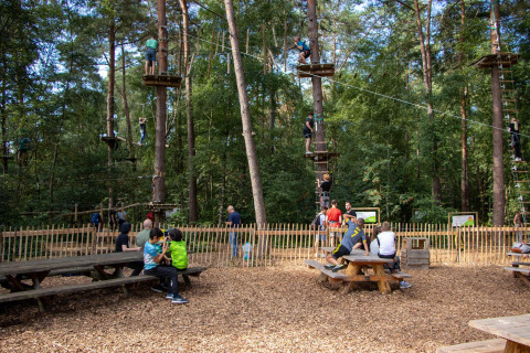 Abenteuerpark mit Menschen, die in den Bäumen klettern und auf Bänken im Wald bei De Paalberg sitzen.