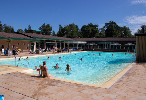 Outdoor swimming pool with families and kids enjoying the sun at Recreatiepark de Paalberg, Gelderland.