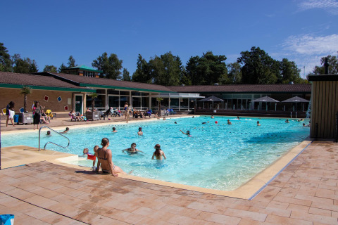 Udendørs swimmingpool med familier og børn, solrige omgivelser i Recreatiepark de Paalberg, Gelderland.
