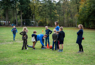 Kinder und Erwachsene spielen draußen auf einer Wiese im Recreatiepark de Paalberg, Gelderland, Niederlande.