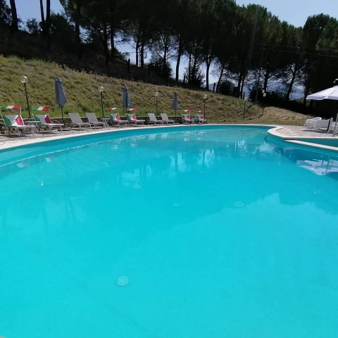 Piscina exterior en Casa & Glamping Sorriso con tumbonas y sombrillas ubicada en Umbría, Italia.