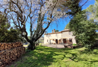 Solrigt billede af et hus og blomstrende træer ved Casa & Glamping Sorriso, feriepark i Umbrien, Italien.