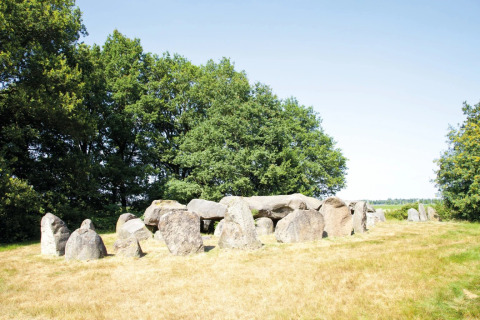 Oldtidsstenformation i grønt område nær feriepark, ideel til glamping og naturoplevelser.