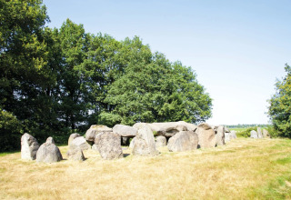 Oldtidsstenformation i grønt område nær feriepark, ideel til glamping og naturoplevelser.