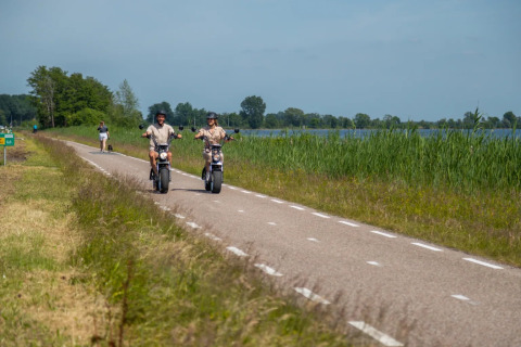 Dos personas montan scooters eléctricos en un camino junto a un lago, cerca de un parque de glamping.