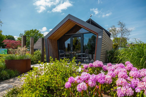 Cabaña glamping moderna con gran ventanal, rodeada de flores y vegetación en un parque vacacional.