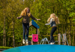 To piger leger og hopper på en stor oppustelig pude på en legeplads omgivet af træer i en feriepark.