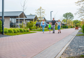 Family walks along a pathway between modern glamping cabins at a holiday park with green gardens around.