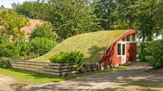 Lille Grasdakbungalow med buet græstag og røde vægge, omgivet af træer og grønne planter.