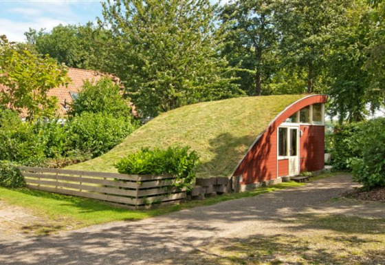 Pequeña Grasdakbungalow con techo curvo cubierto de césped y paredes rojas, rodeada de árboles verdes.