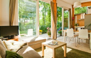 Interior de tiny house luminoso con grandes ventanales, muebles modernos y vistas al jardín en Delftse Hout.