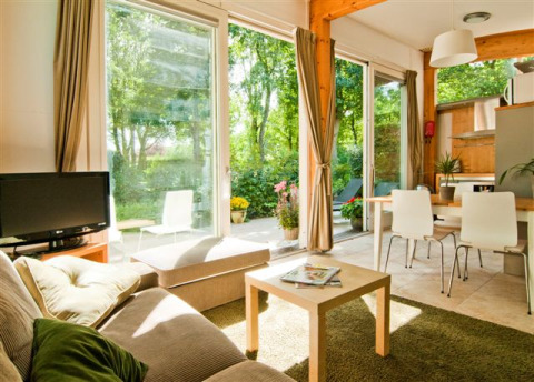 Interno luminoso di tiny house con grandi finestre, arredo moderno e vista giardino a Delftse Hout.