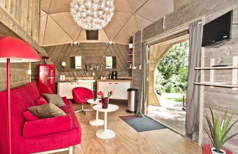 Interior de la tiny house Wooden Igloo en Holiday Park Delftse Hout con decoración roja y cocina moderna.