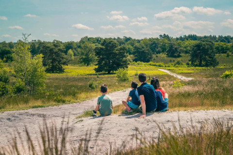 Een gezin zit op een zandige heuvel in een groen natuurgebied tijdens hun verblijf in een glamping vakantiepark.
