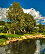 Paisaje cerca de Utscheid en Alemania con río, vegetación abundante, árboles altos y cielo azul con nubes.