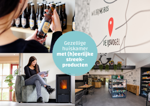 Collage met streekbier, kaart, winkel en gezellig genieten bij de haard in een glampingverblijf.