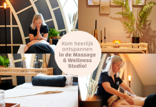 Cuatro imágenes muestran masajes relajantes y bienestar en un acogedor estudio glamping con decoración natural.