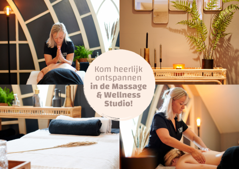 Vier foto’s van rustgevende massage en wellness in een gezellig glampingstudio met natuurlijke accenten.
