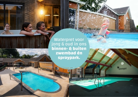 Collage de niños y adultos disfrutando de piscinas interiores y exteriores en un alojamiento glamping.