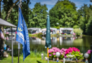 Blauwe vlag met vis en kroontje op een camping aan een vijver in Utrecht, met bloemen op de voorgrond.