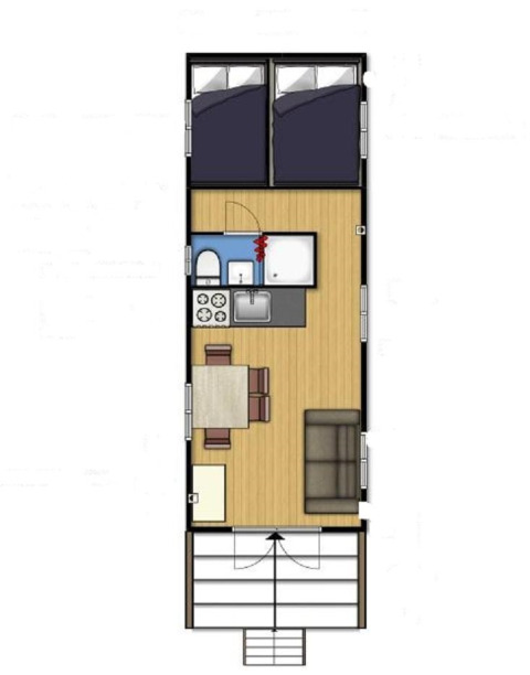 Plano de planta de la lodge Pipowagen en Camping De Grienduil, Países Bajos, con dormitorio, cocina y sala.