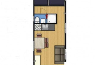 Plano de planta de la lodge Pipowagen en Camping De Grienduil, Países Bajos, con dormitorio, cocina y sala.
