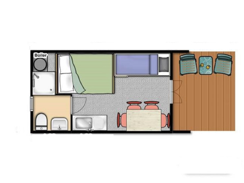 Grundriss des Tiny House The Megapod VIP mit Schlaf-, Bad-, Küchenbereich und Terrasse bei Camping De Grienduil.