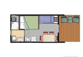 Planimetria della tiny house The Megapod VIP con zona notte, bagno, cucina e terrazza a Camping De Grienduil.