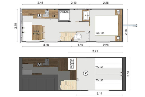 Grundriss des Tiny House 11 auf Camping De Grienduil in den Niederlanden mit Maßen und Raumaufteilung.