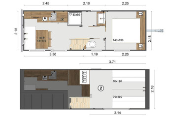 Planimetria della Tiny House 11 al Camping De Grienduil nei Paesi Bassi, con dettagli e misure delle stanze.