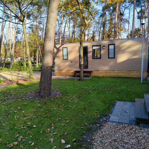 Casa tipo lodge de Luxe Homes en Bospark De Brenkberg, Países Bajos, rodeada de césped y árboles.