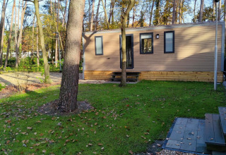 Modernes Lodgehaus von Luxe Homes bei Bospark De Brenkberg, Niederlande, umgeben von Bäumen und Natur.