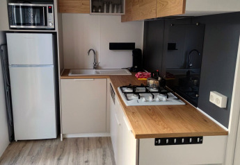 Moderne kitchenette met houten blad, gaskookplaat, magnetron en koelkast bij Luxe Homes in Nederland.