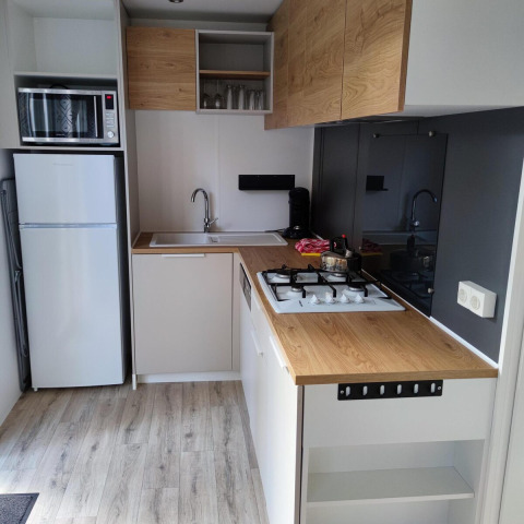 Modern kitchenette with wood countertop, gas stove, microwave, and fridge at Luxe Homes in the Netherlands.