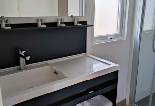 Bagno moderno a Luxe Homes presso Bospark De Brenkberg, Paesi Bassi, con lavandino, doccia e asciugamani.