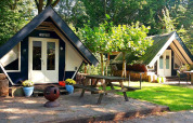 Two cozy A-frame cabins with picnic tables in the lush Buytenplaets Suydersee holiday park, Flevoland, Netherlands.