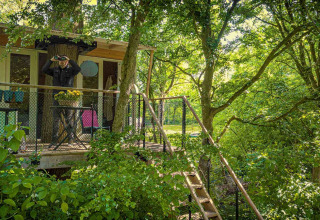 Cabane dans les arbres au Buytenplaets Suydersee, Flevoland, Pays-Bas, avec une personne sur le balcon.