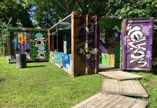 Kleurrijke graffiti op een container bij Buytenplaets Suydersee, een vakantiepark in Flevoland, Nederland.