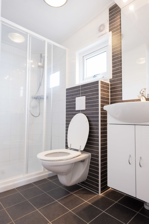 Baño moderno con inodoro suspendido, ducha y lavabo en Waterlodge type 1 en Vakantiepark Bergumermeer, Países Bajos.