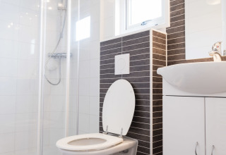 Modernes Badezimmer mit wandhängendem WC, Dusche und Waschbecken in der Waterlodge Typ 1, Niederlande.