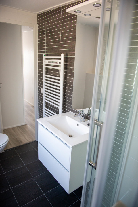 Modern bathroom in Waterlodge type 1 at Vakantiepark Bergumermeer, Netherlands, showing sink and shower.