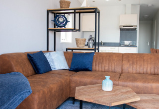 Moderne stue i Waterlodge type 1 på Vakantiepark Bergumermeer med brun sofa og dekorative puder.