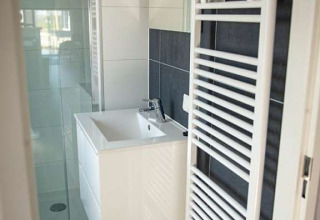 Kleine badkamer met moderne wastafel, spiegel, douche en witte handdoekradiator in Waterlodge type 2.