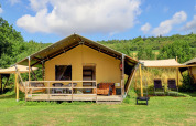 Safari-Zelt auf dem Campingplatz Walsheim in Deutschland, mit Veranda und grüner Umgebung.