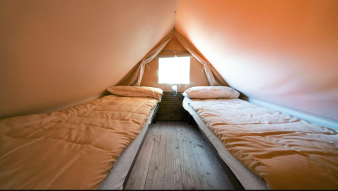 Two single beds inside Airstay, a tiny house at Papillon Country Resort in the Netherlands, wood flooring.