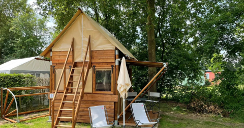 Tiny house Airstay au Papillon Country Resort aux Pays-Bas entourée d'arbres et de chaises de jardin dehors.