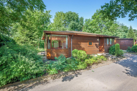 Cabaña Veluwe en Bungalowpark Het Verscholen Dorp, Países Bajos, rodeada de árboles y vegetación.