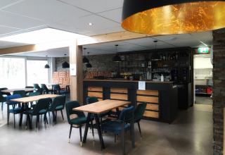 Moderne café- en barzone met houten tafels en gestoffeerde stoelen bij Bospark De Brenkberg, Limburg, Nederland.