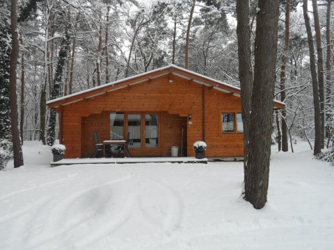 Holzhütte im verschneiten Wald im Bospark De Brenkberg, einem Ferienpark in Limburg, Niederlande.